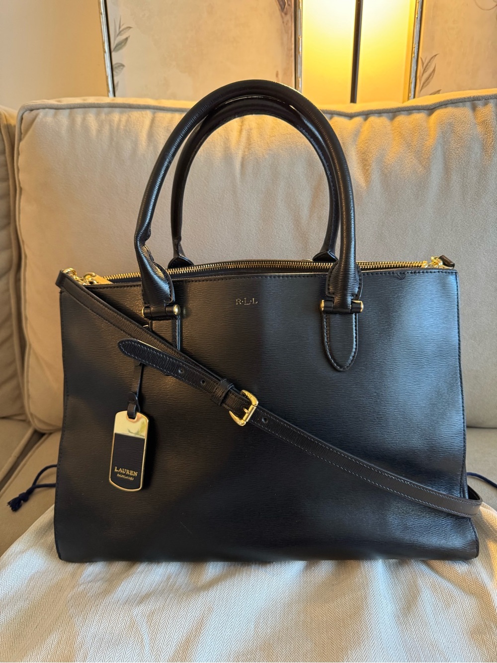 Ralph Lauren Black Leather Satchel with Gold Hardware and Removable Strap